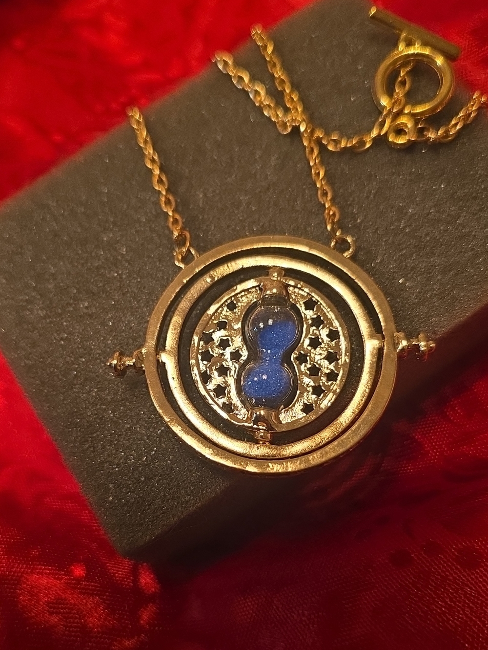 Gold Tone Blue Hourglass Pendant Necklace - Women Jewelry